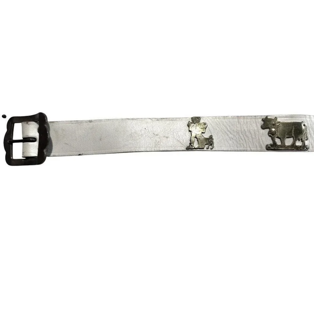 Vintage White‎ Leather Belt Brass Cow Herder Swiss Folk Art Cottagecore 33 Inch